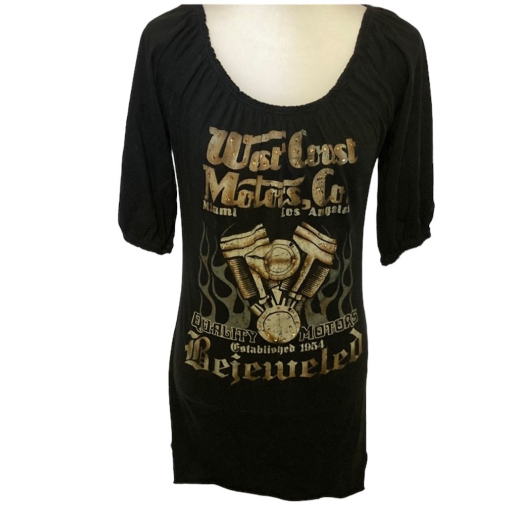 Vintage Bejeweled By Susan Fixel long black top with gold rhinestones.